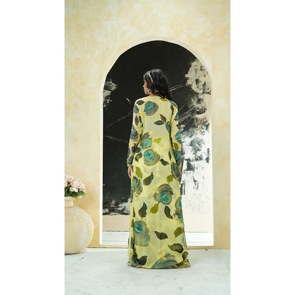 PRITI SAHNI DESIGNS Lime Yellow Hand Painted Blouse with Palazzo & Jacket