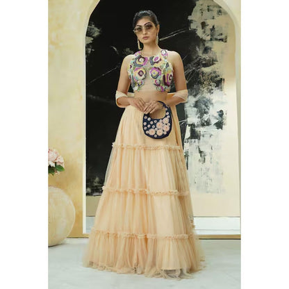 PRITI SAHNI DESIGNS Multicolour Embroidered Blouse with Lehenga & Dupatta