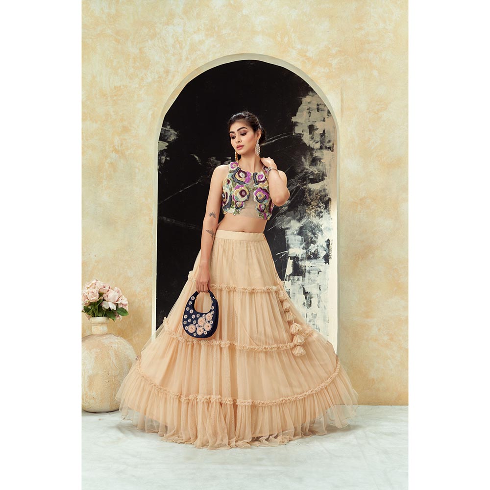 PRITI SAHNI DESIGNS Multicolour Embroidered Blouse with Lehenga & Dupatta