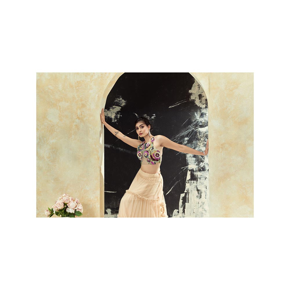 PRITI SAHNI DESIGNS Multicolour Embroidered Blouse with Lehenga & Dupatta