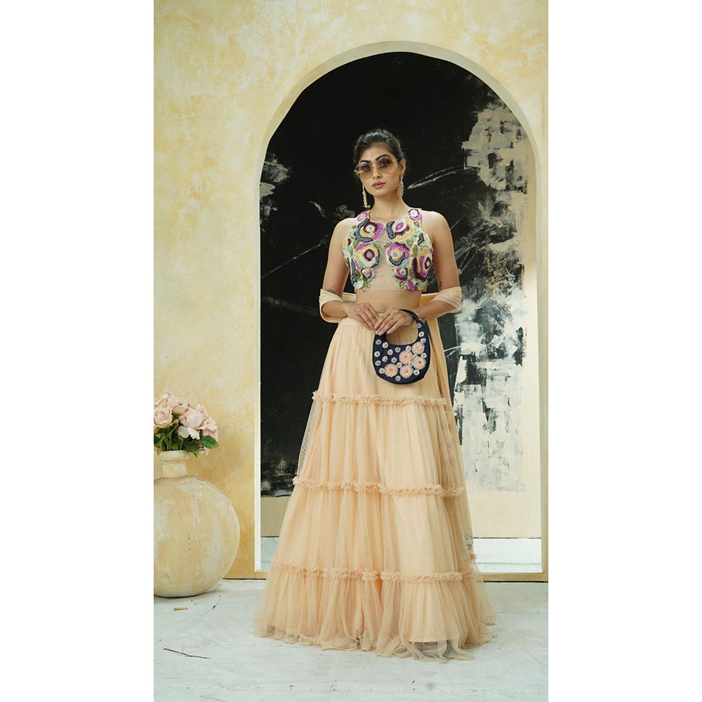 PRITI SAHNI DESIGNS Multicolour Embroidered Blouse with Lehenga & Dupatta