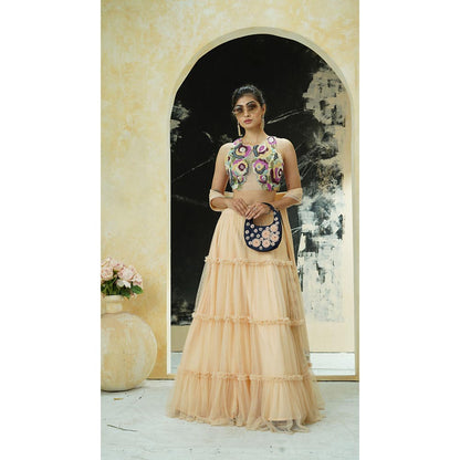 PRITI SAHNI DESIGNS Multicolour Embroidered Blouse with Lehenga & Dupatta