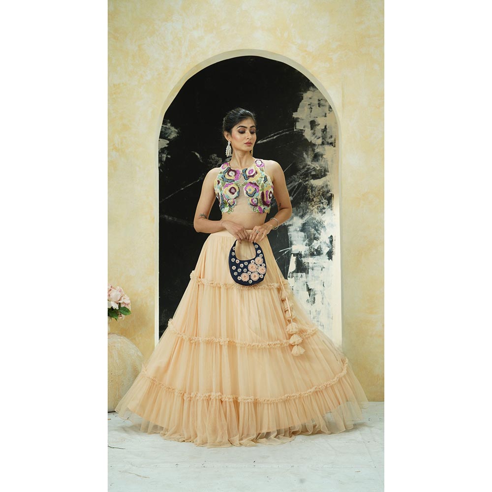 PRITI SAHNI DESIGNS Multicolour Embroidered Blouse with Lehenga & Dupatta