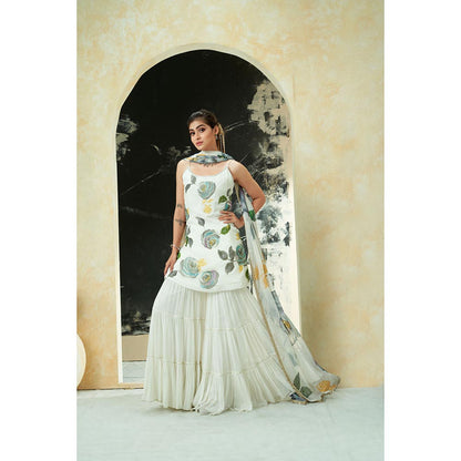 PRITI SAHNI DESIGNS Ivory Hand Painted Floral Kurta with Sharara & Dupatta