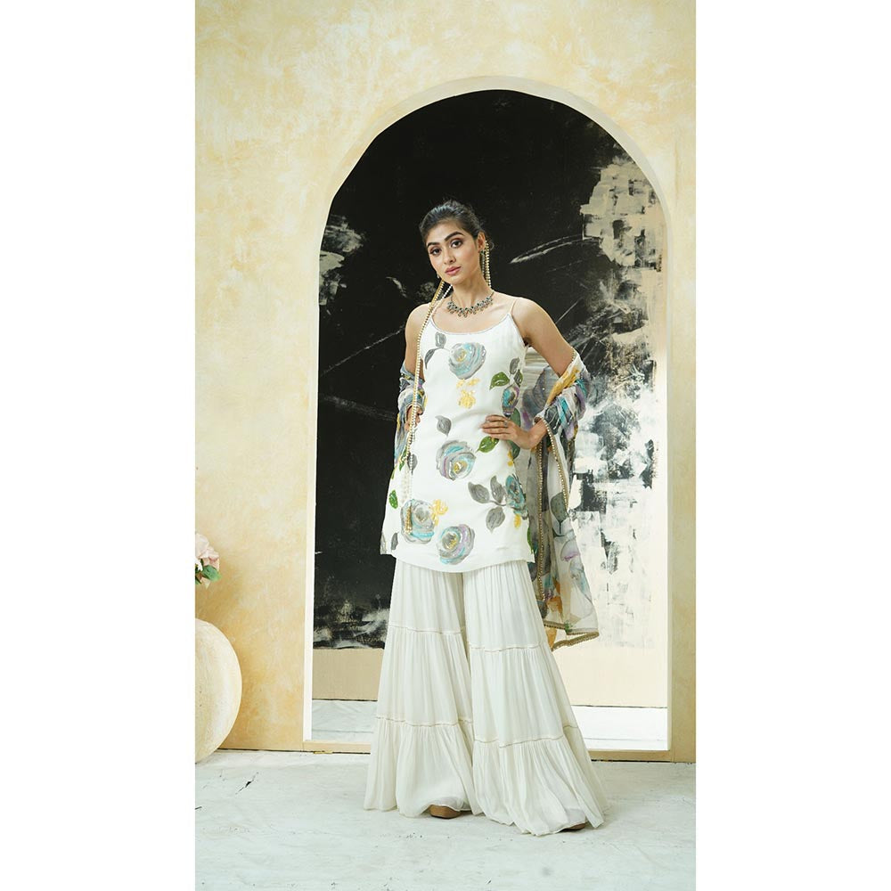 PRITI SAHNI DESIGNS Ivory Hand Painted Floral Kurta with Sharara & Dupatta