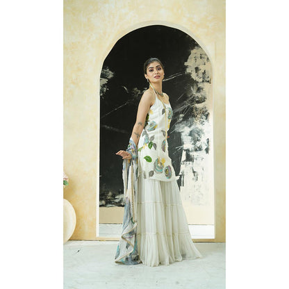 PRITI SAHNI DESIGNS Ivory Hand Painted Floral Kurta with Sharara & Dupatta