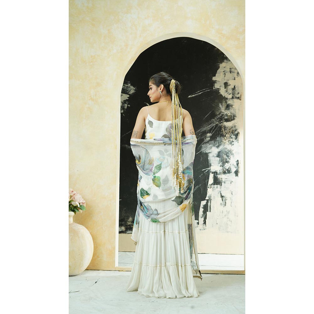 PRITI SAHNI DESIGNS Ivory Hand Painted Floral Kurta with Sharara & Dupatta