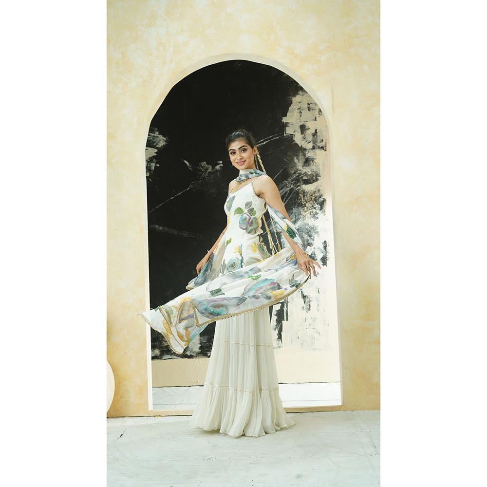 PRITI SAHNI DESIGNS Ivory Hand Painted Floral Kurta with Sharara & Dupatta