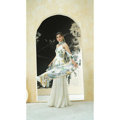 PRITI SAHNI DESIGNS Ivory Hand Painted Floral Kurta with Sharara & Dupatta