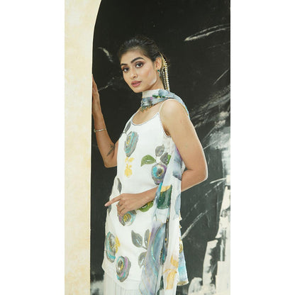 PRITI SAHNI DESIGNS Ivory Hand Painted Floral Kurta with Sharara & Dupatta