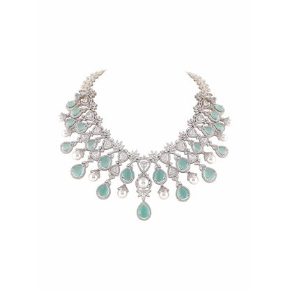 PRIHAN LUXURY White & Green Pearls Jewellery Set