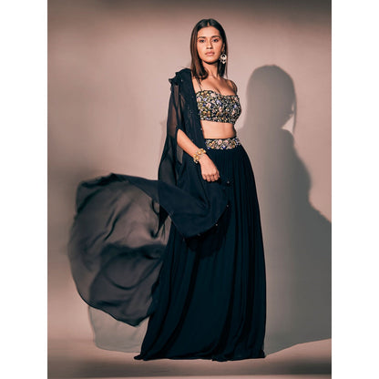 Pritika Vora Mid Night Blue Coat with Embroidered Blouse & Lehenga (Set of 3)