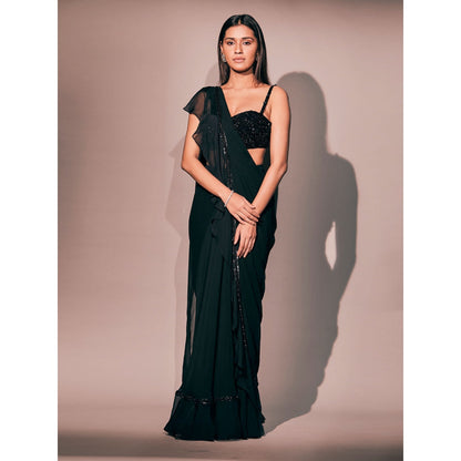 Pritika Vora Black Ruffle Edged Saree with Stone Encrusted Stitched Blouse