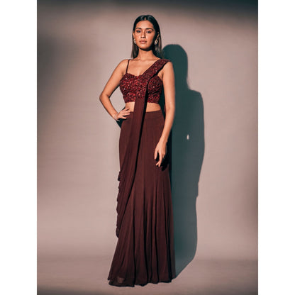 Pritika Vora Maroon Corset Style Blouse Paired with Saree with Stitched Blouse
