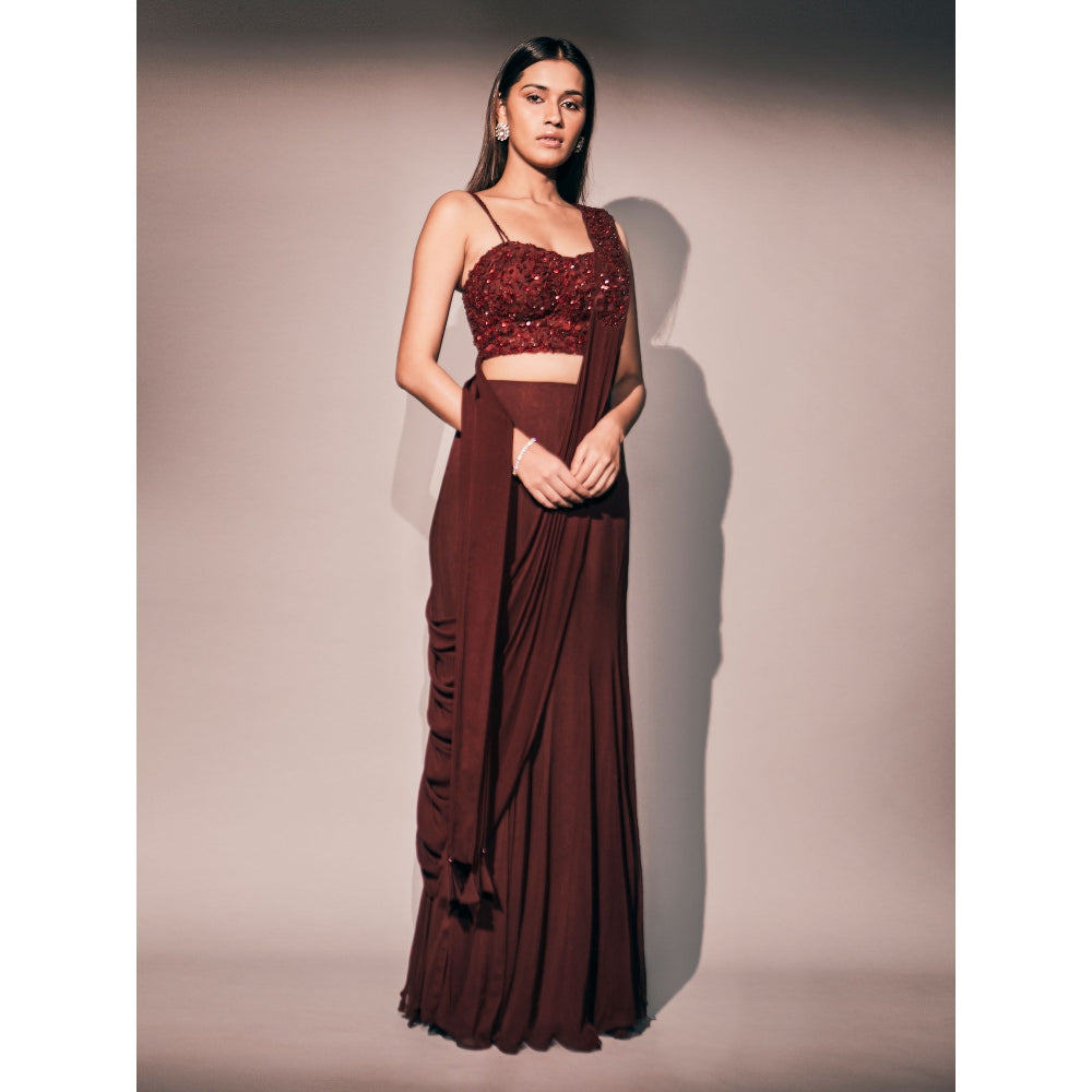 Pritika Vora Maroon Corset Style Blouse Paired with Saree with Stitched Blouse