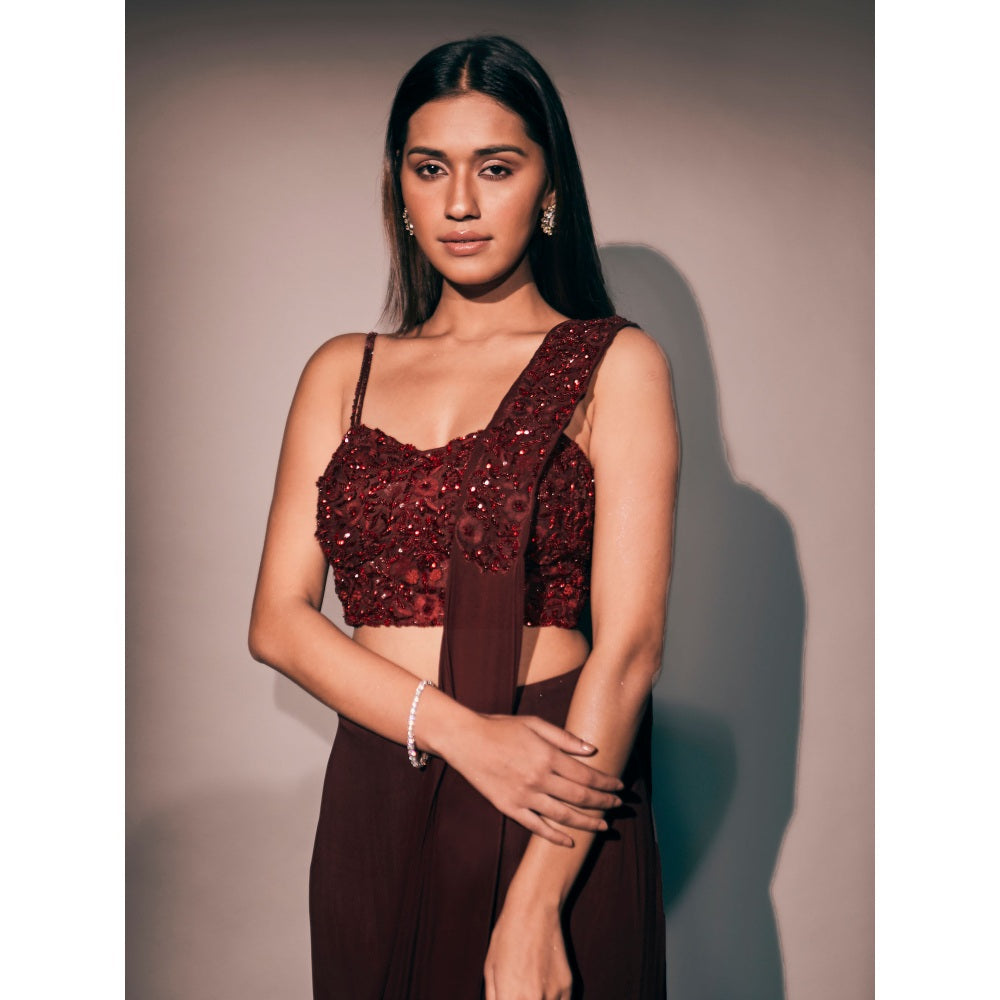 Pritika Vora Maroon Corset Style Blouse Paired with Saree with Stitched Blouse