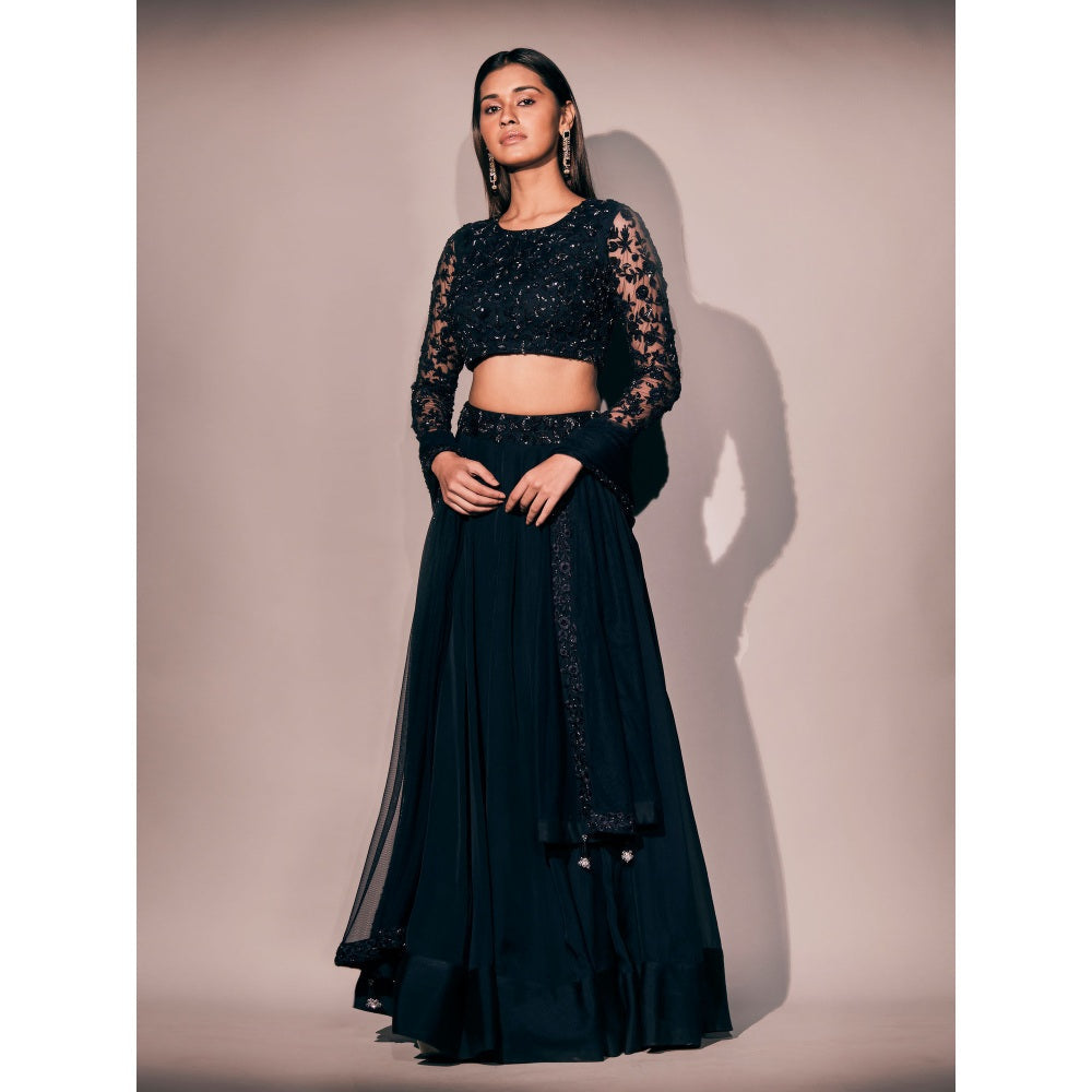 Pritika Vora Midnight Blue Embroidered Blouse Paired with Lehenga & Dupatta (Set of 3)