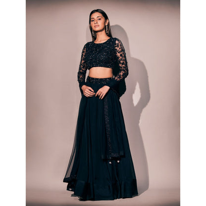 Pritika Vora Midnight Blue Embroidered Blouse Paired with Lehenga & Dupatta (Set of 3)