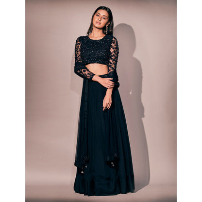 Pritika Vora Midnight Blue Embroidered Blouse Paired with Lehenga & Dupatta (Set of 3)