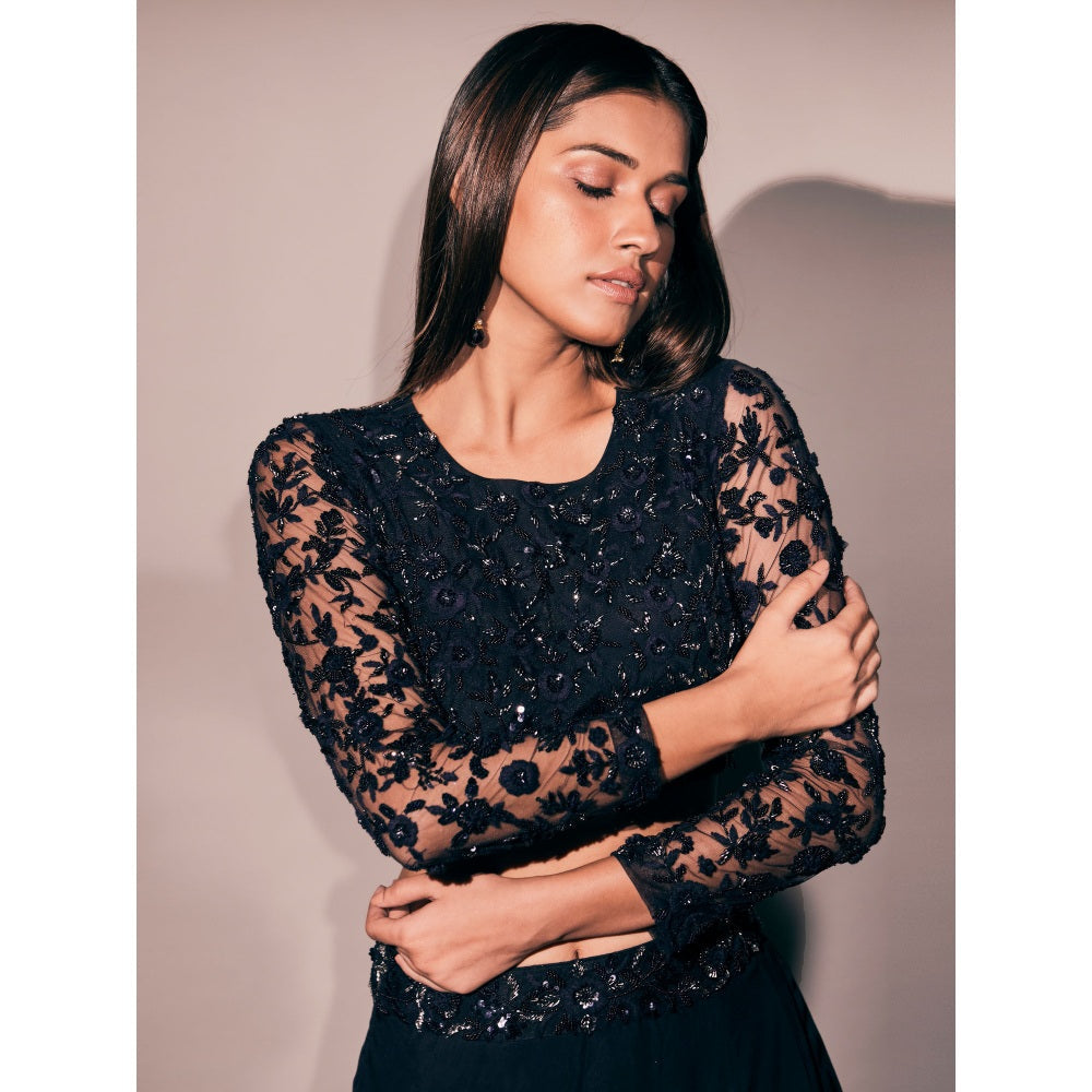 Pritika Vora Midnight Blue Embroidered Blouse Paired with Lehenga & Dupatta (Set of 3)