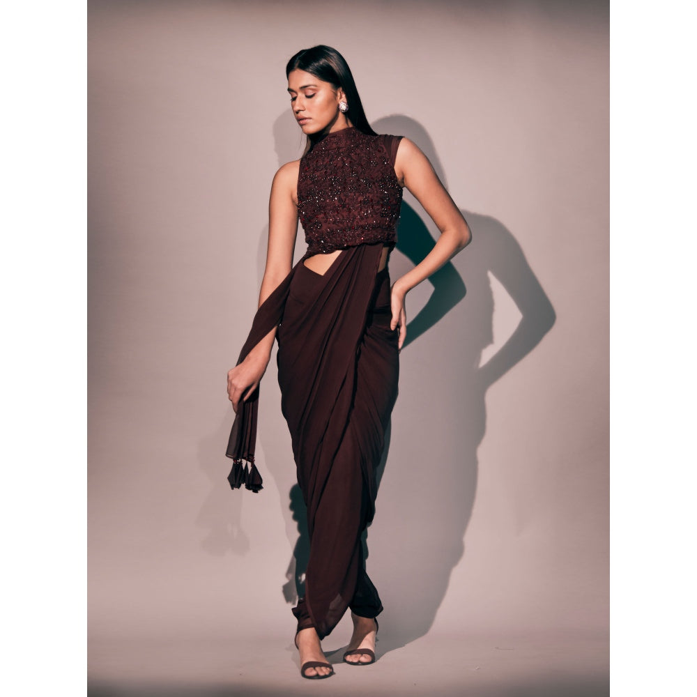 Pritika Vora Burgundy Blouse Paired with Saree with Stitched Blouse
