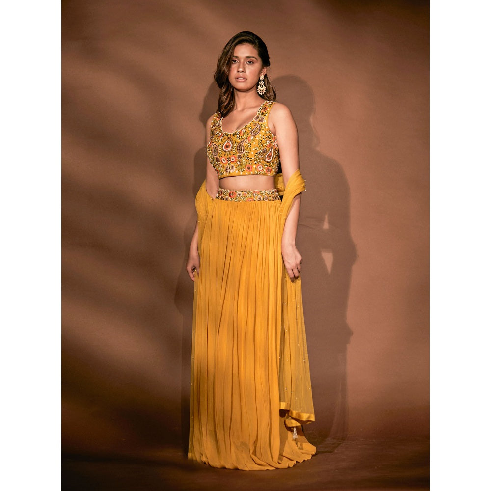 Pritika Vora Mustard Embroidered Blouse with Lehenga & Dupatta (Set of 3)