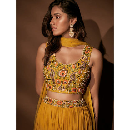Pritika Vora Mustard Embroidered Blouse with Lehenga & Dupatta (Set of 3)