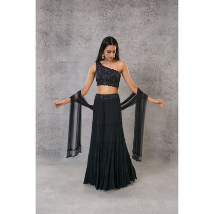 Pritika Vora Mid Blue One Shoulder Blouse with Sharara & Dupatta (Set of 3)