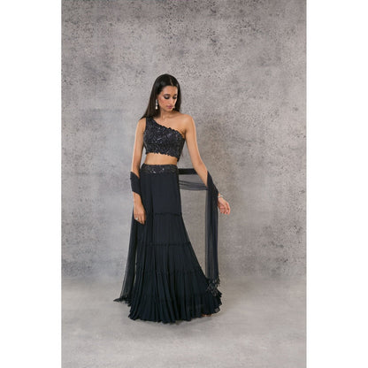 Pritika Vora Mid Blue One Shoulder Blouse with Sharara & Dupatta (Set of 3)