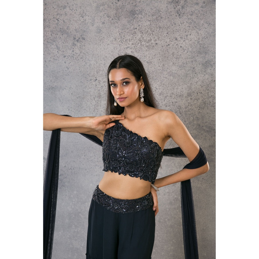 Pritika Vora Mid Blue One Shoulder Blouse with Sharara & Dupatta (Set of 3)