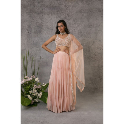 Pritika Vora Peach Tiered Lehenga with Pearl Blouse & Dupatta (Set of 3)