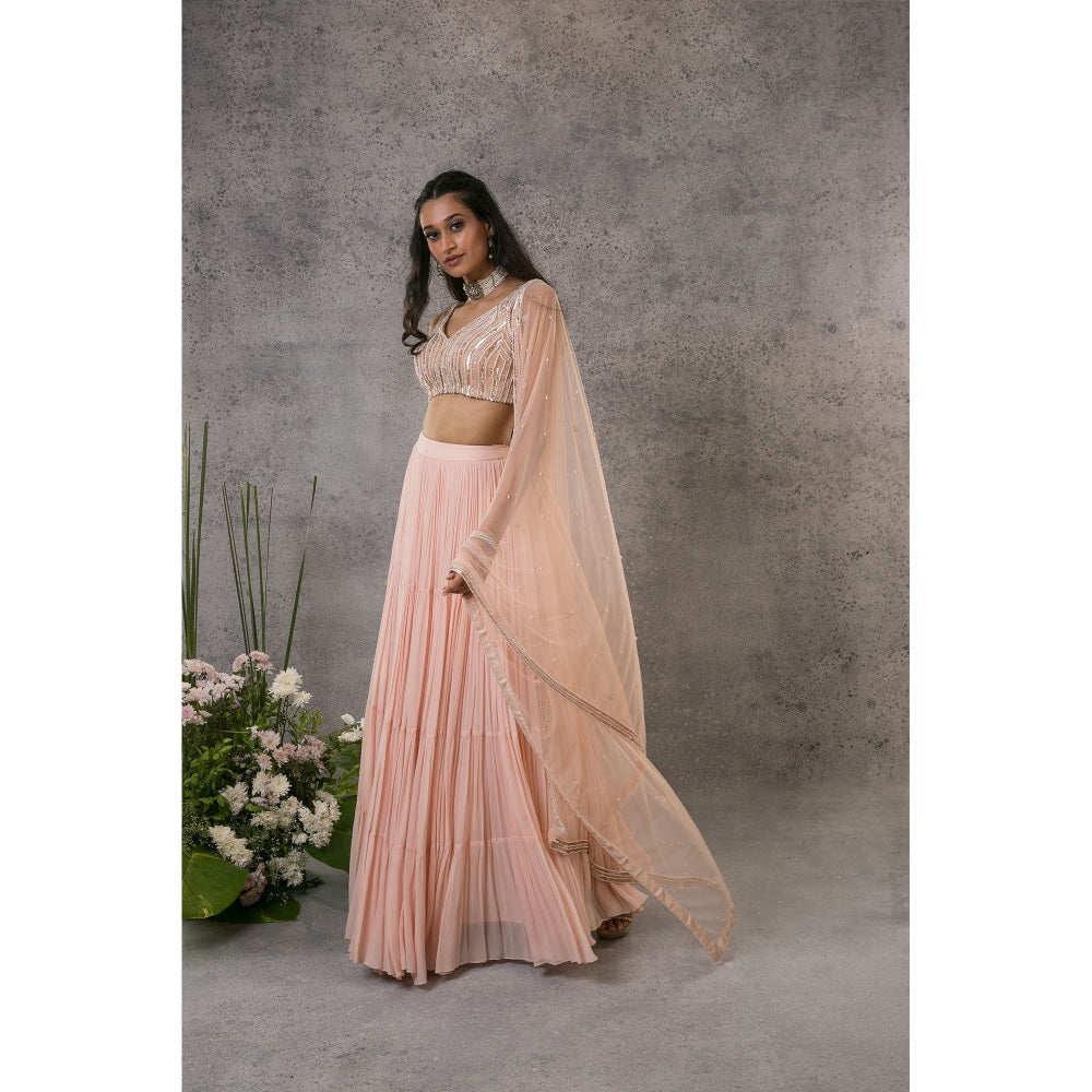 Pritika Vora Peach Tiered Lehenga with Pearl Blouse & Dupatta (Set of 3)