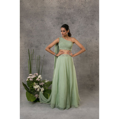 Pritika Vora Pista Green One Shoulder Lehenga with Blouse (Set of 2)
