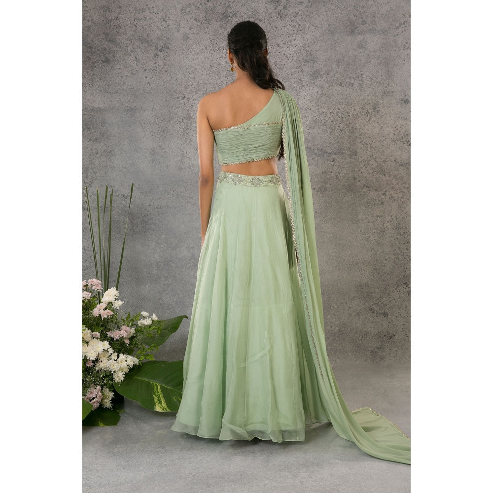 Pritika Vora Pista Green One Shoulder Lehenga with Blouse (Set of 2)
