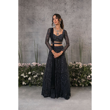 Pritika Vora Mid Blue Pearl Lehenga with Blouse - Dupatta & Belt (Set of 4)