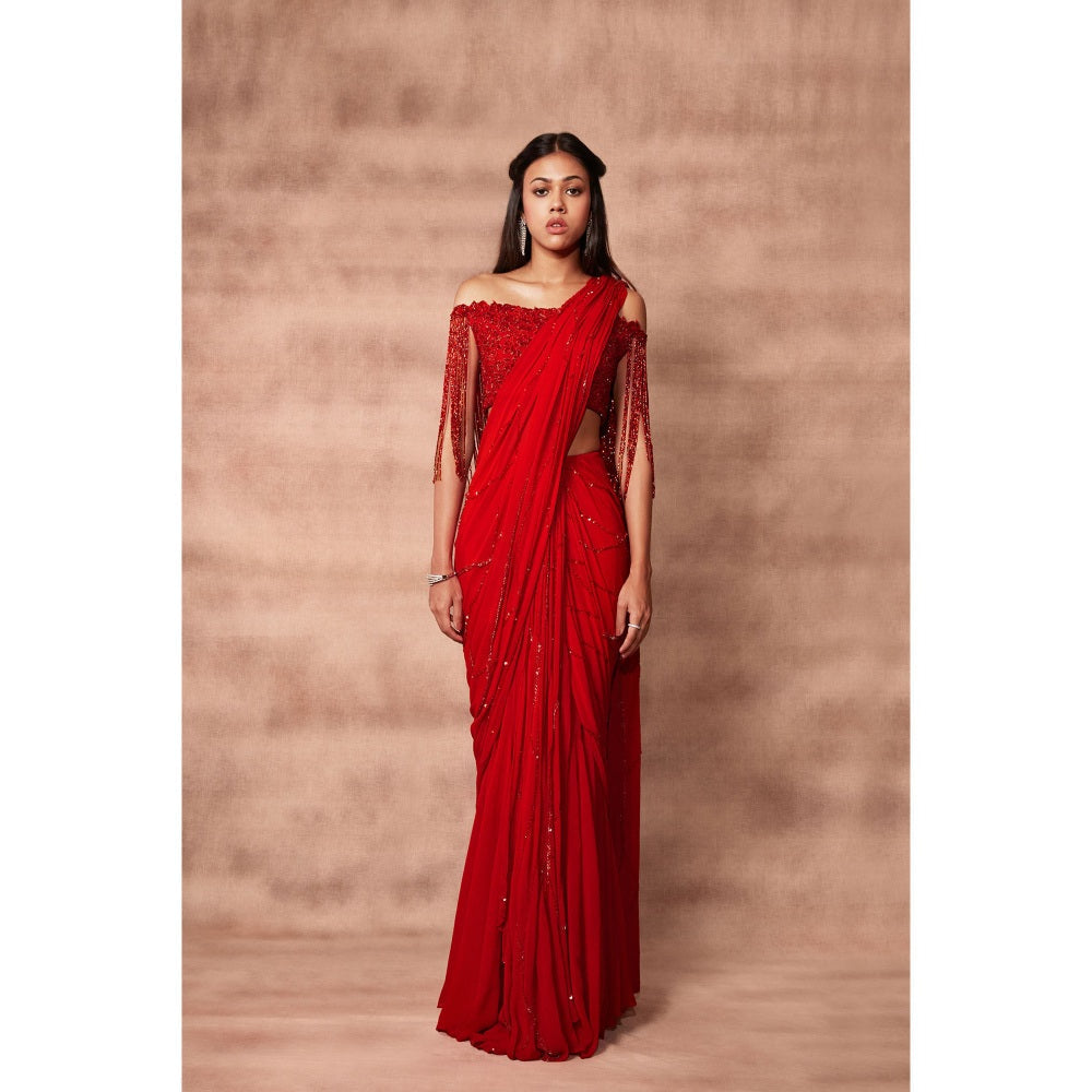Pritika Vora Flame Red Hand Embroidered Saree with Off-Shoulder Tassel Blouse with Stitched