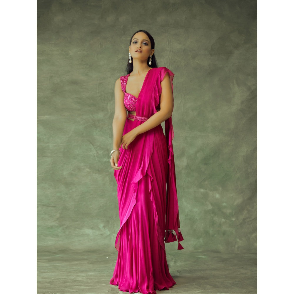 Pritika Vora Fuchsia Pink Embellished Ruffle Saree with Blouse & Belt with Stitched