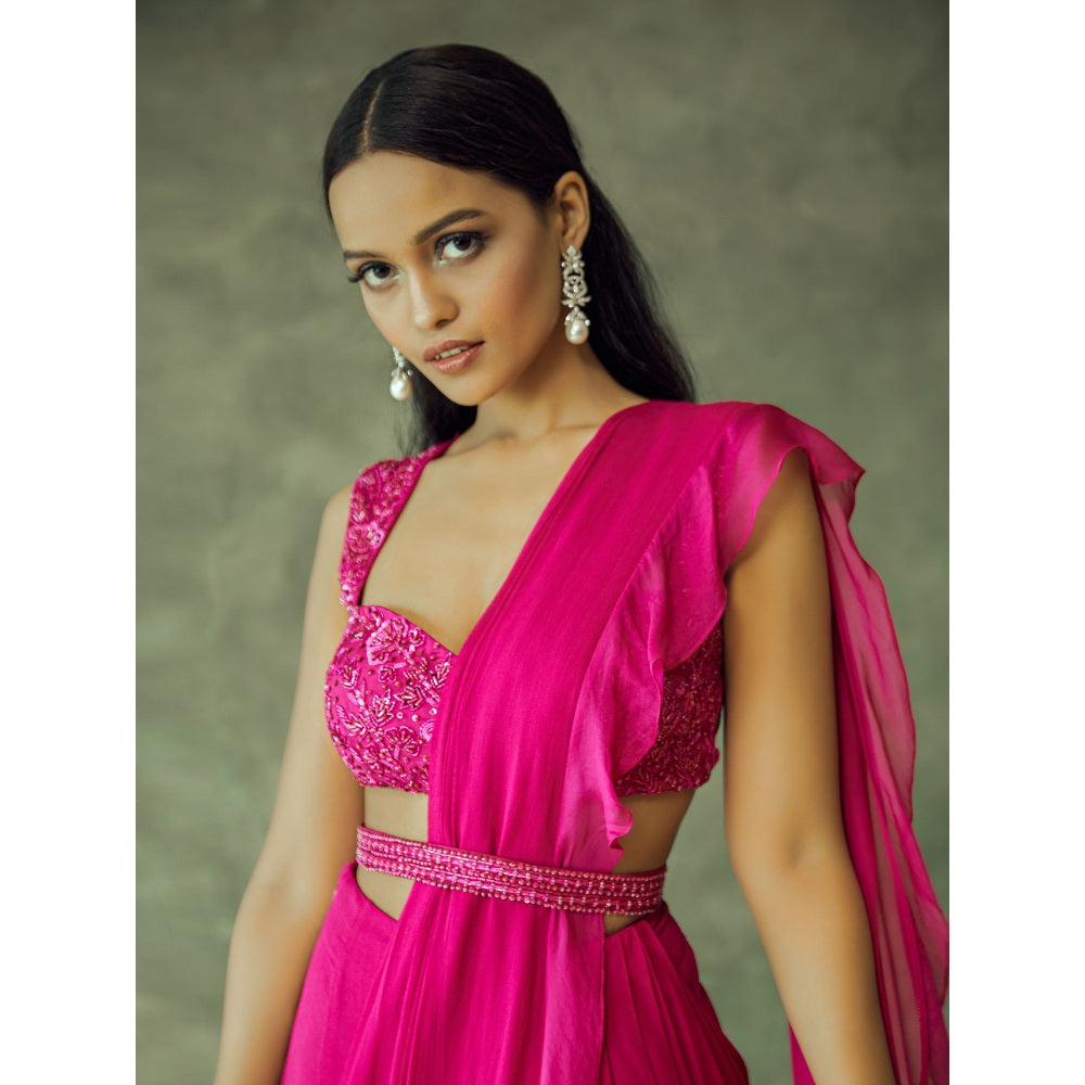 Pritika Vora Fuchsia Pink Embellished Ruffle Saree with Blouse & Belt with Stitched