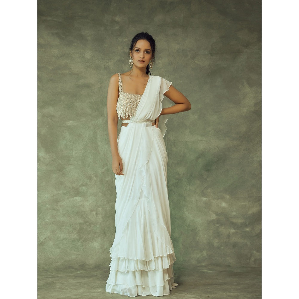 Pritika Vora Gold Tassel Blouse Paired with White Layered Saree & Belt with Stitched