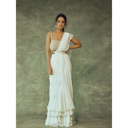 Pritika Vora Gold Tassel Blouse Paired with White Layered Saree & Belt with Stitched