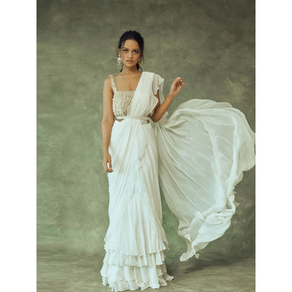 Pritika Vora Gold Tassel Blouse Paired with White Layered Saree & Belt with Stitched