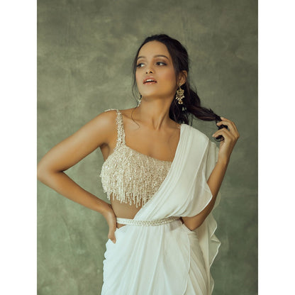 Pritika Vora Gold Tassel Blouse Paired with White Layered Saree & Belt with Stitched