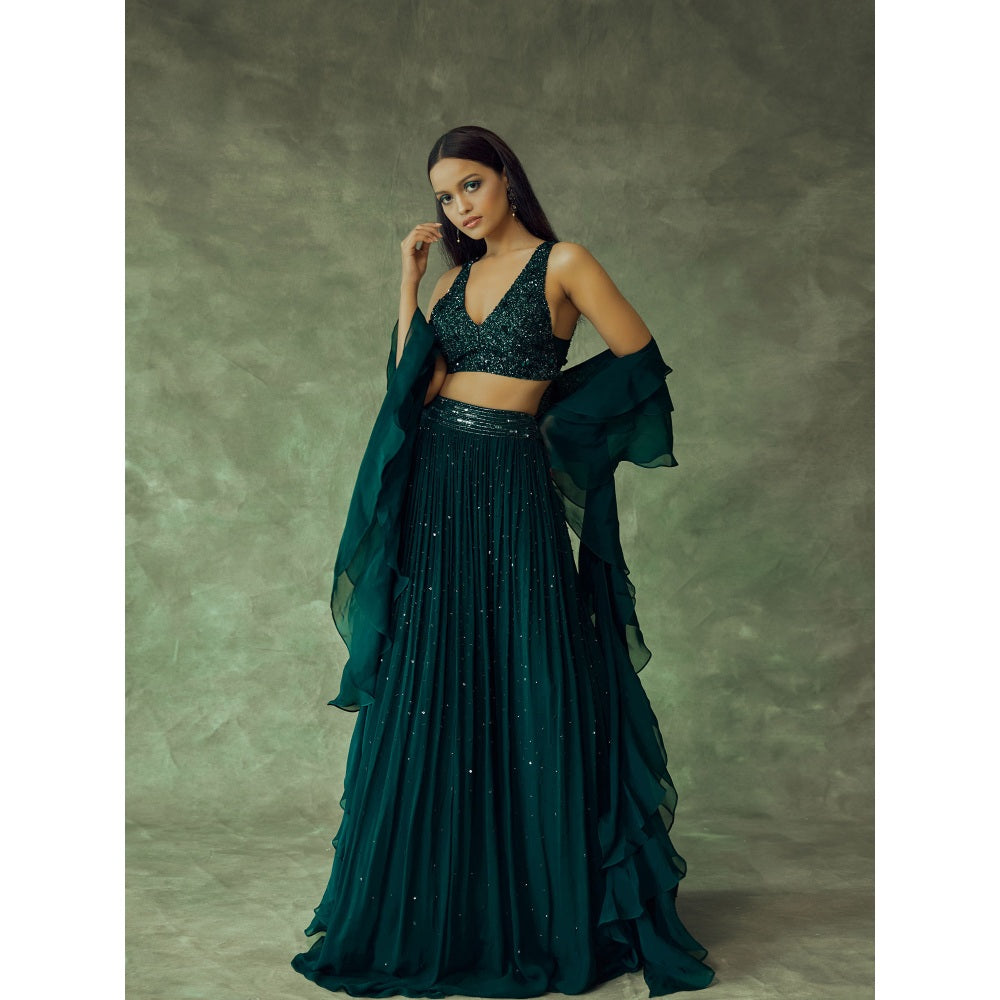 Pritika Vora Forest Green Hand Embroidered Lehenga with Ruffle Dupatta & Blouse (Set of 3)