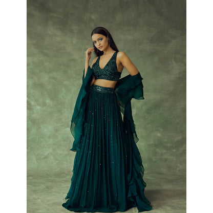 Pritika Vora Forest Green Hand Embroidered Lehenga with Ruffle Dupatta & Blouse (Set of 3)