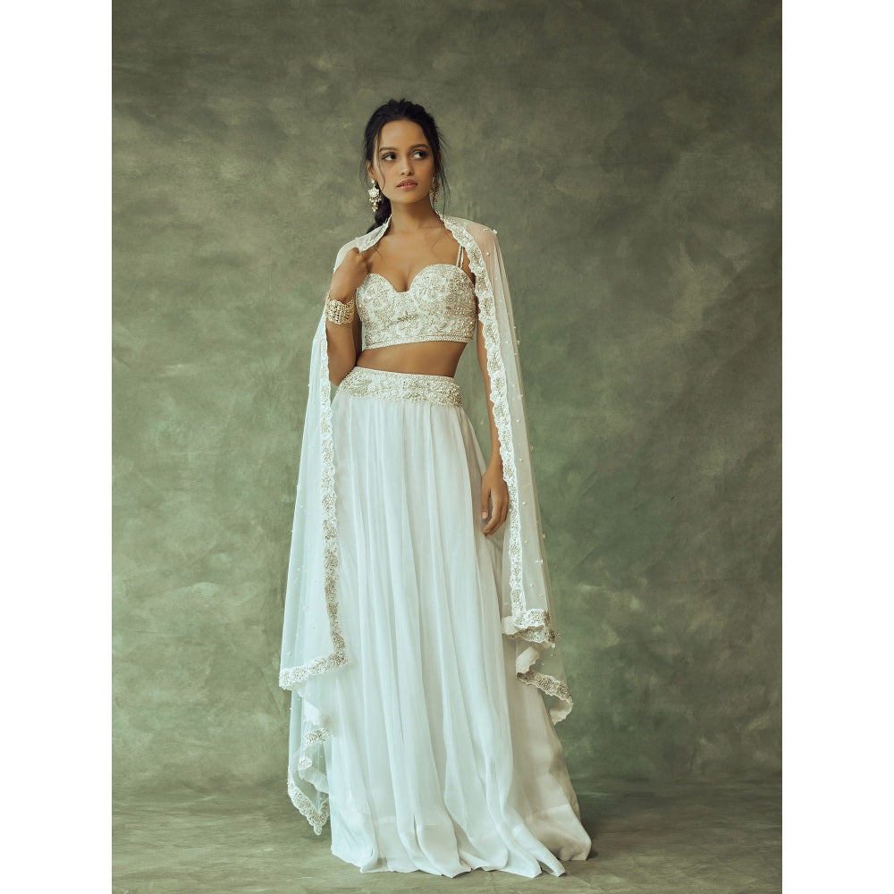 Pritika Vora White & Gold Embroidered Lehenga with Blouse & Dupatta (Set of 3)