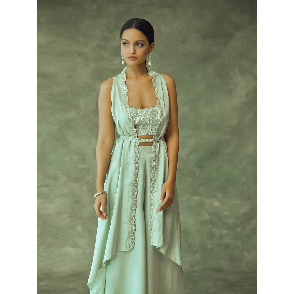 Pritika Vora Sage Green Hand Embroidered Fusion Crop Top - Palazzo with Coat & Belt (Set of 4)