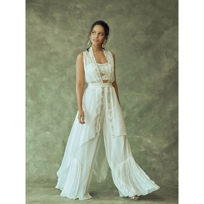 Pritika Vora White Hand Embroidered Fusion Crop Top - Palazzo with Coat & Belt (Set of 4)