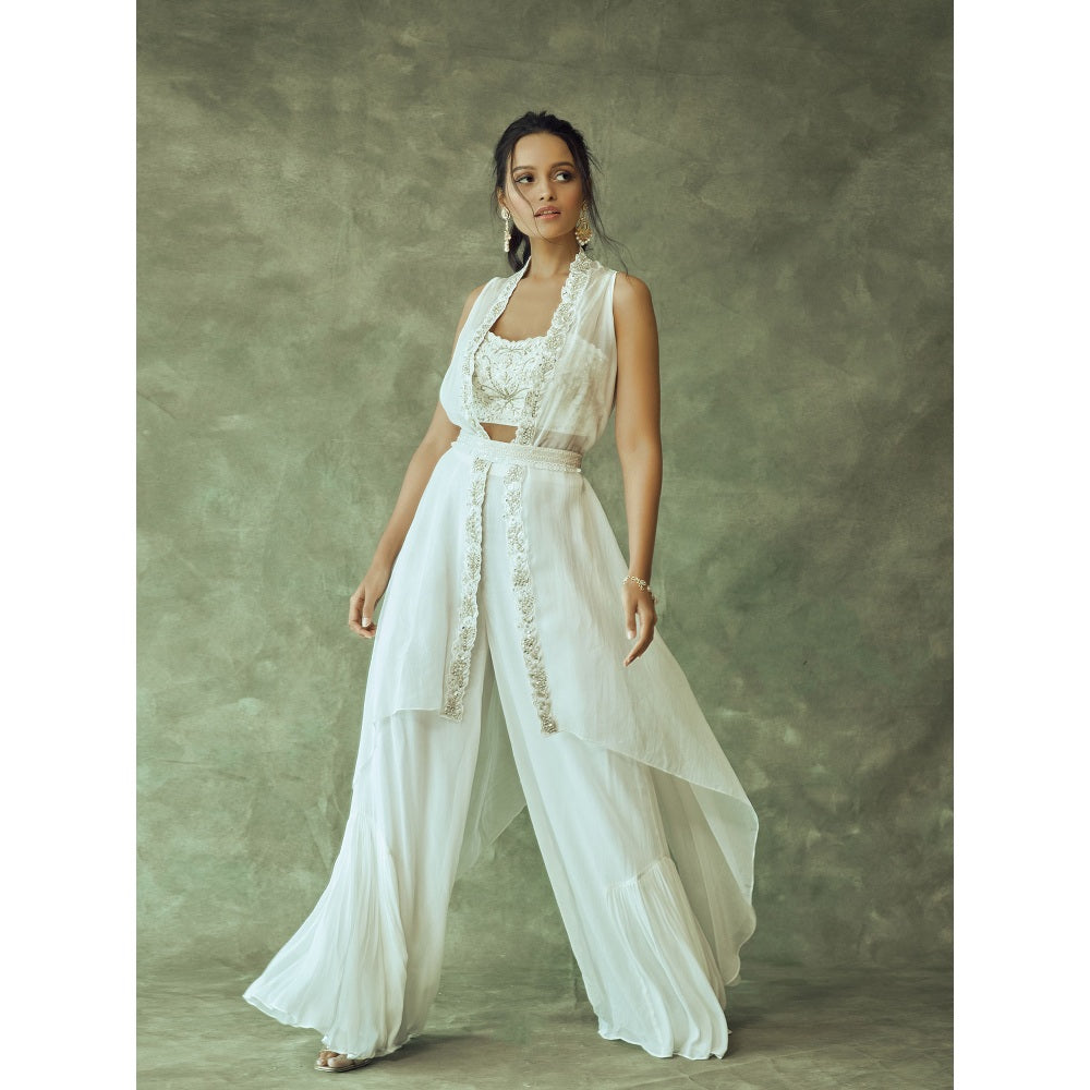 Pritika Vora White Hand Embroidered Fusion Crop Top - Palazzo with Coat & Belt (Set of 4)