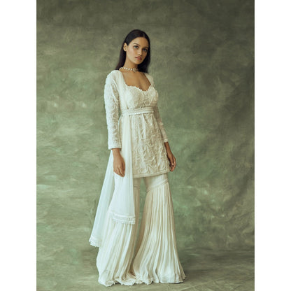 Pritika Vora All White Hand Embroidered Sharara with Kurta & Belt (Set of 3)