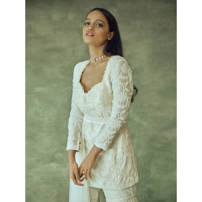 Pritika Vora All White Hand Embroidered Sharara with Kurta & Belt (Set of 3)